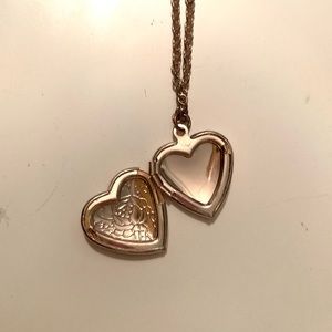 long gold necklace with rose heart locket charm